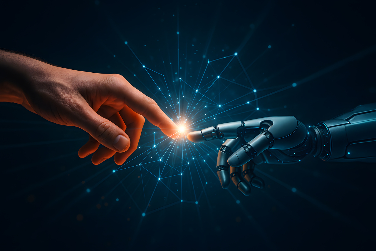 Bild mensch-und-roboter-hand-beruehren-sich-digital CC: Marco Verch